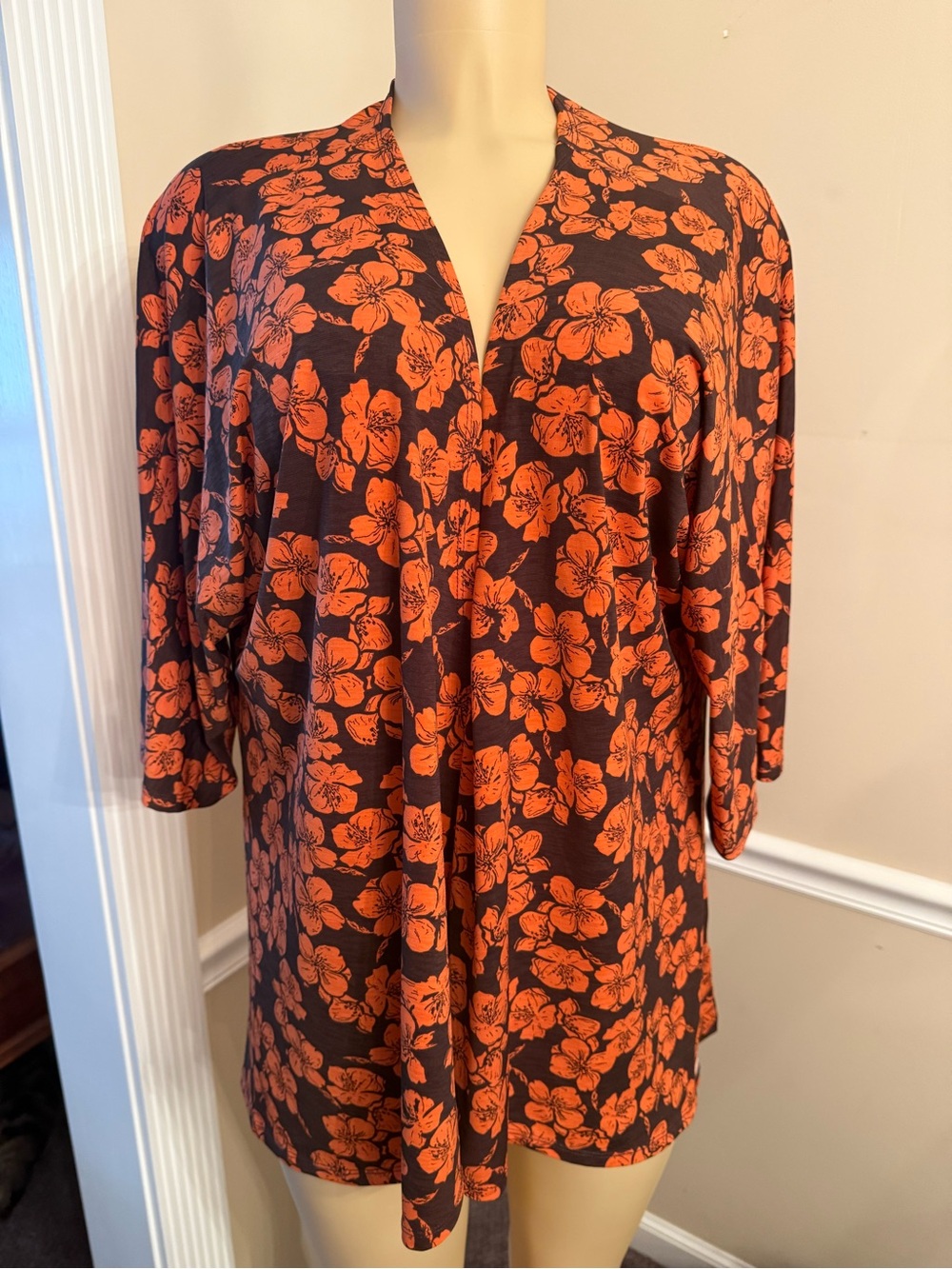 LuLaRoe Orange Floral Open-Front Tunic on Brown